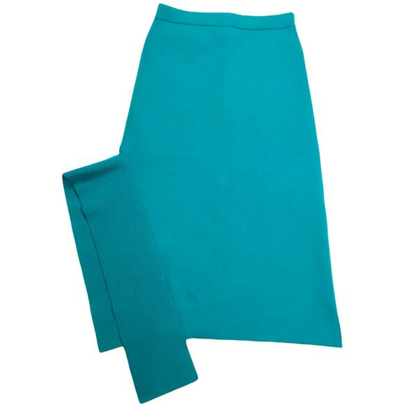 Tibi Skirt Asymmetrical Ribbed Midi Jacquard Neoprene Teal Thick Knit Women's XS - Picture 2 of 15